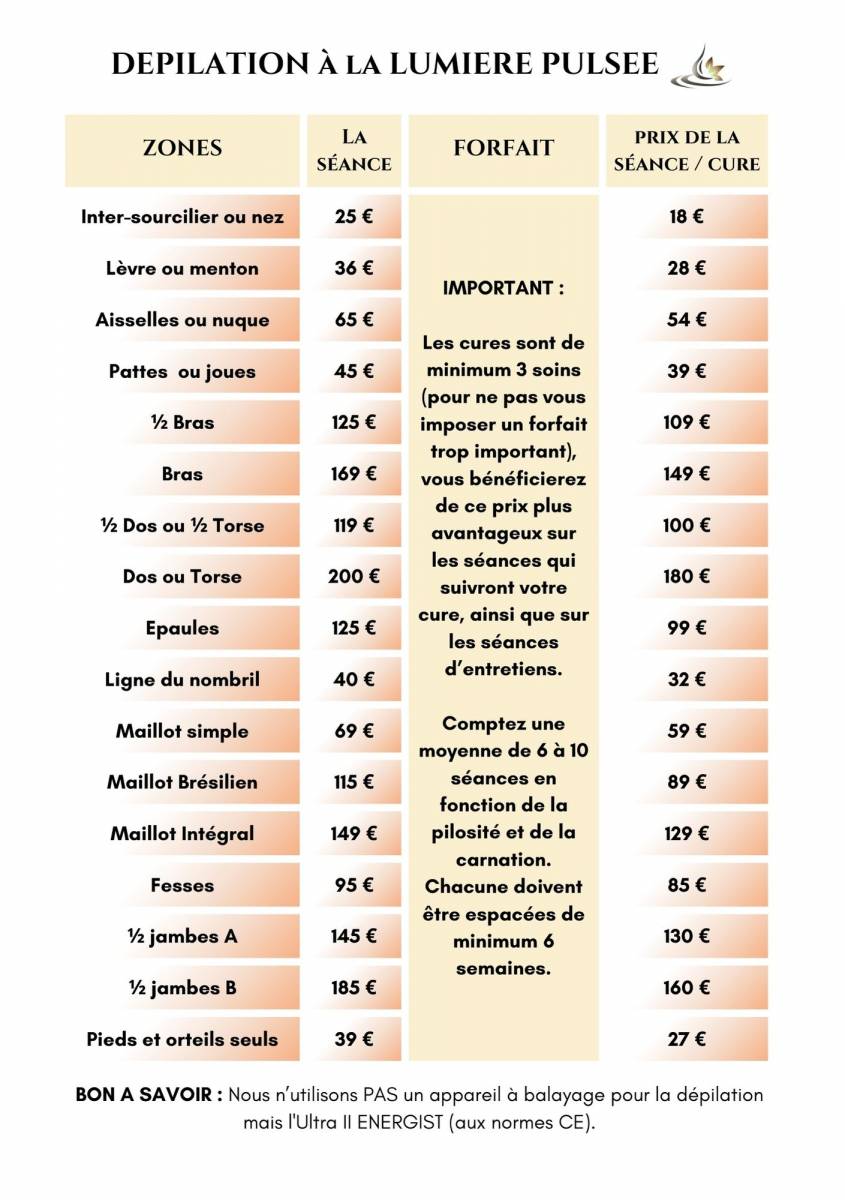 Dépilation à la lumière pulsée Tarifs
